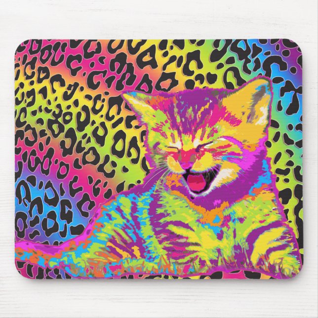 Kitten on rainbow leopard print background mouse pad (Front)