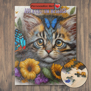 Kitten, pair of blue butterflies, orange flowers jigsaw puzzle