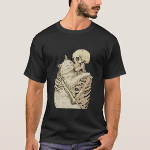 Kitten Pet Skeleton Hugging Cat Graphic Halloween T-Shirt