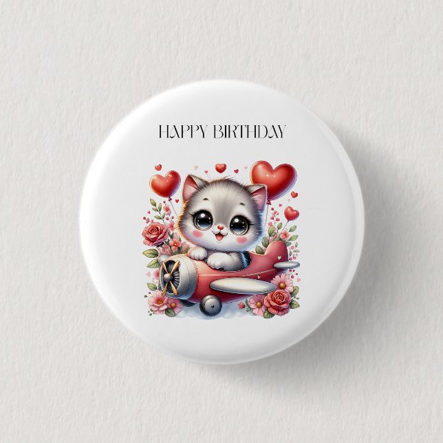 Kitten Pilot Birthday 1 Inch Round Button (Front)