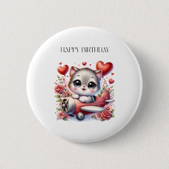 Kitten Pilot Birthday 2 Inch Round Button (Front)