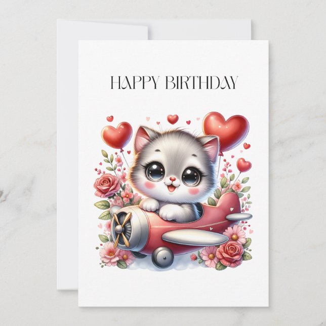 Kitten Pilot Birthday Invitation (Front)