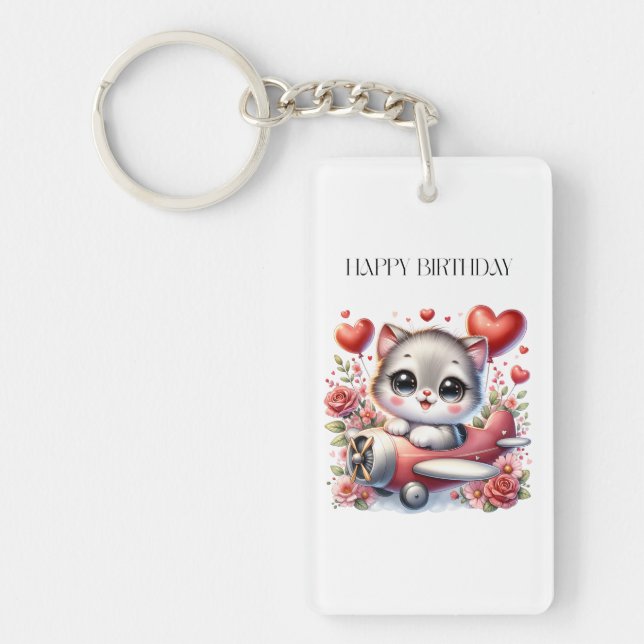 Kitten Pilot Birthday Keychain (Front)