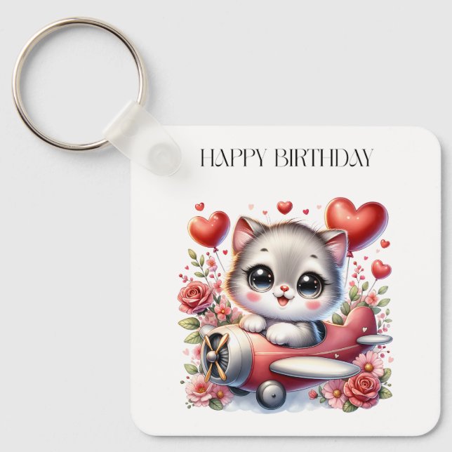 Kitten Pilot Birthday Keychain (Front)