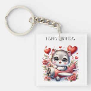Kitten Pilot Birthday Keychain