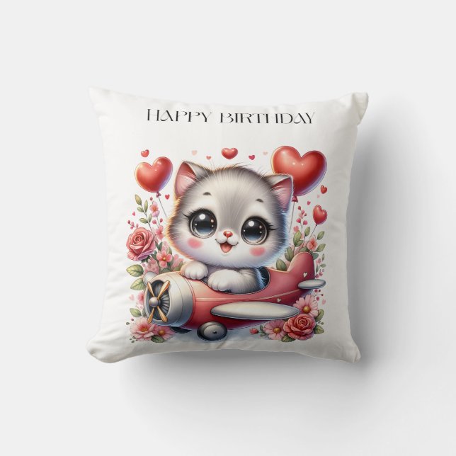 Kitten Pilot Birthday Throw Pillow (Front)