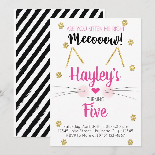 Kitten Pink & Gold Kids Birthday Invitation (Front/Back)