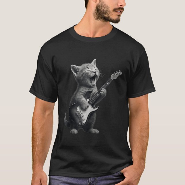 Kitten Playing Guitar Rock and Roll Funny Cat Guit T-Shirt (Front)