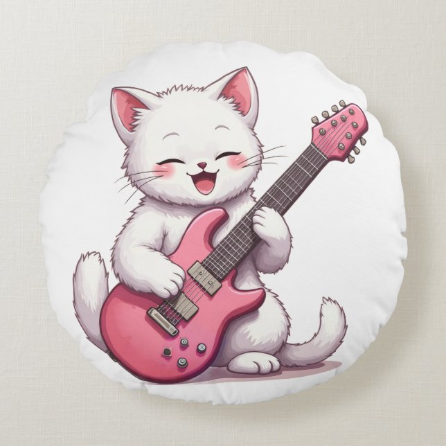 Kitten Playing Guitar Round Pillow (Front)