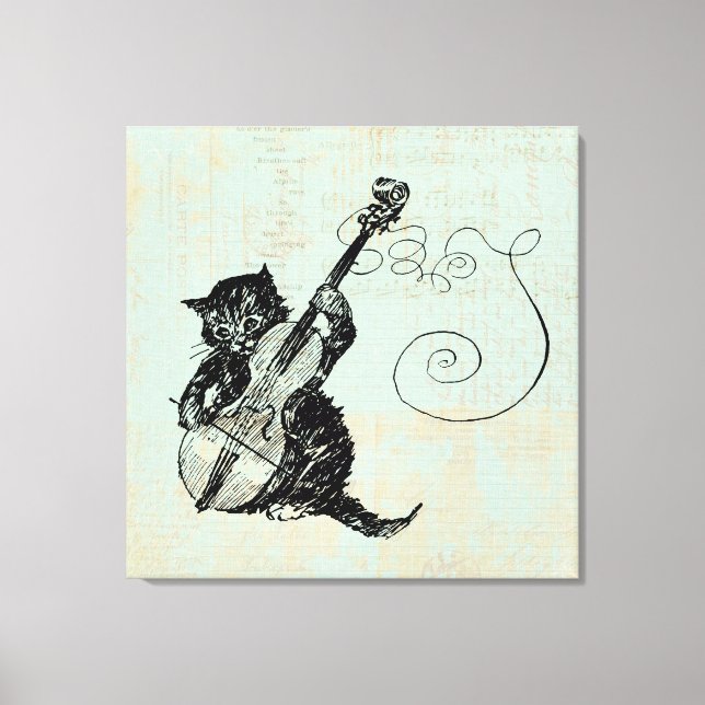Kitten Playing Violin Teal Music Cat Illustration Canvas Print (Front)