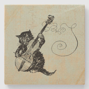 Kitten Playing Violin Teal Music Cat Illustration Stone Coaster