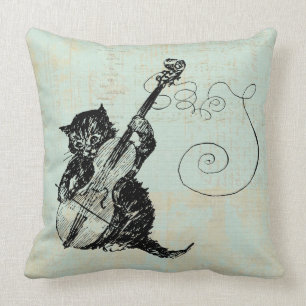 Kitten Playing Violin Teal Music Cat Illustration Throw Pillow