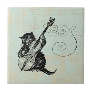 Kitten Playing Violin Teal Music Cat Illustration Tile