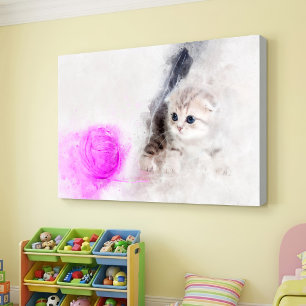 Kitten playing with a pink yarn ball watercolor canvas print