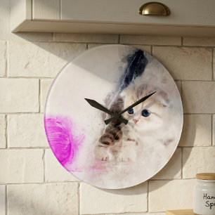 Kitten playing with a pink yarn ball watercolor large clock