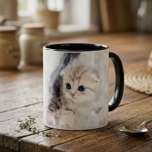 Kitten playing with a pink yarn ball watercolor mug