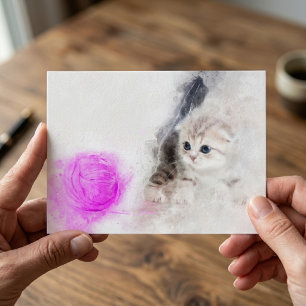 Kitten playing with a pink yarn ball watercolor postcard