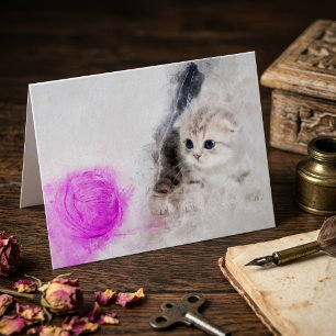 Kitten playing with a pink yarn ball watercolor thank you card