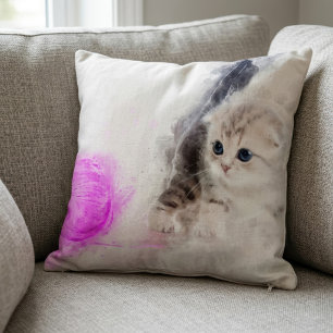Kitten playing with a pink yarn ball watercolor throw pillow