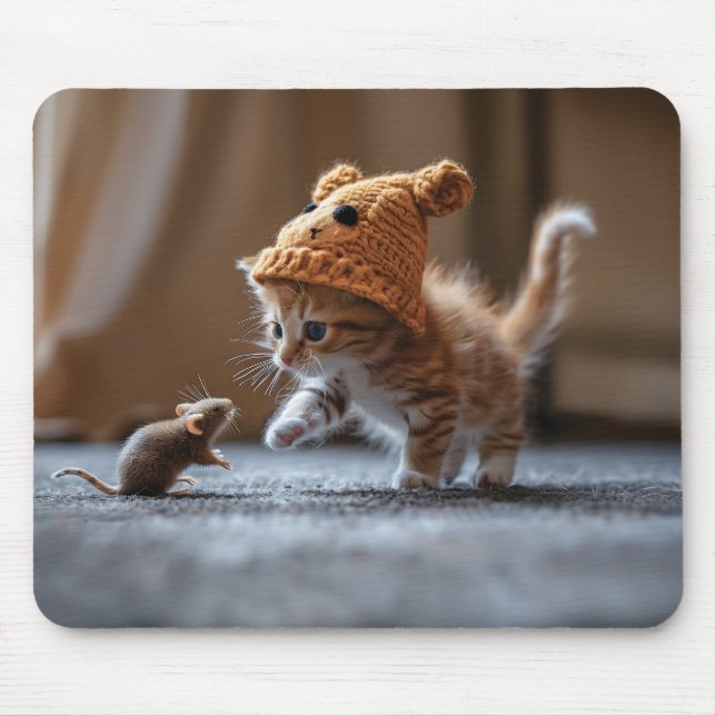 Kitten playing with a small mouse pad (Front)