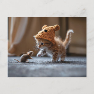Kitten playing with a small mouse postcard