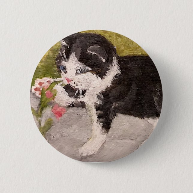 Kitten Playing with Pink Flower 2 Inch Round Button (Front)