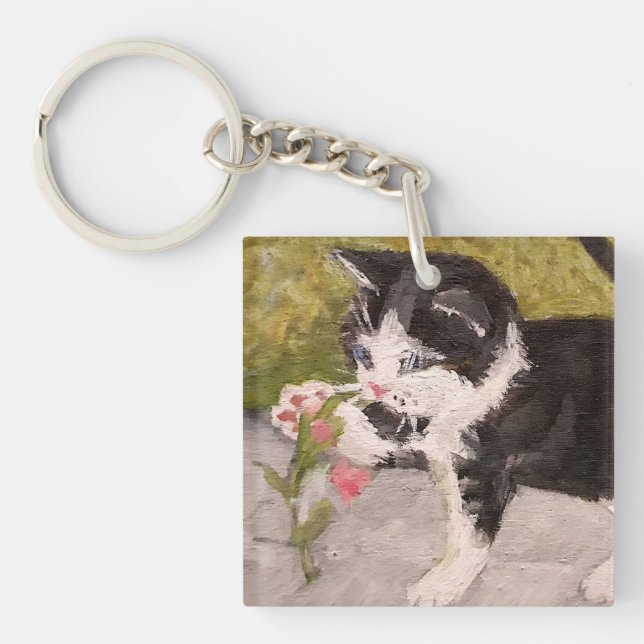 Kitten Playing with Pink Flower Keychain (Front)