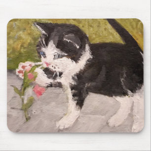 Kitten Playing with Pink Flower Mouse Pad
