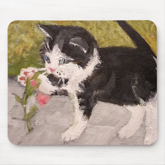 Kitten Playing with Pink Flower Mouse Pad (Front)