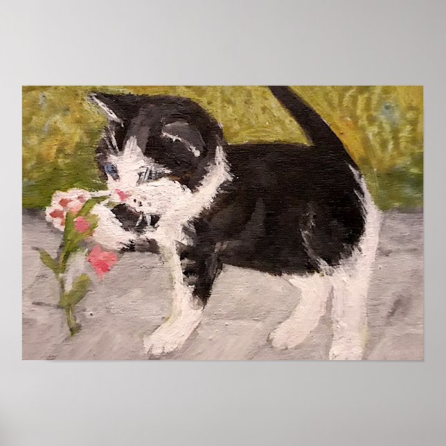 Kitten Playing with Pink Flower Poster (Front)