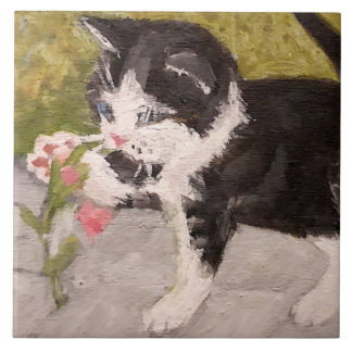 Kitten Playing with Pink Flower Tile