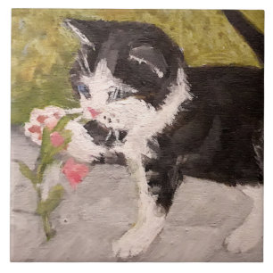 Kitten Playing with Pink Flower Tile