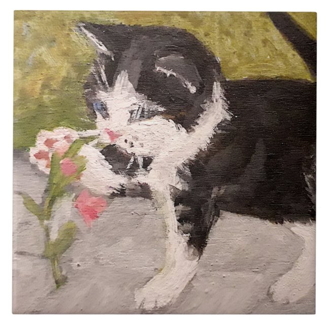Kitten Playing with Pink Flower Tile (Front)