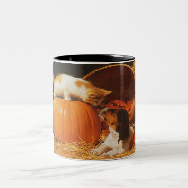 Kitten, Pumpkin and Puppy Two-Tone Coffee Mug (Center)