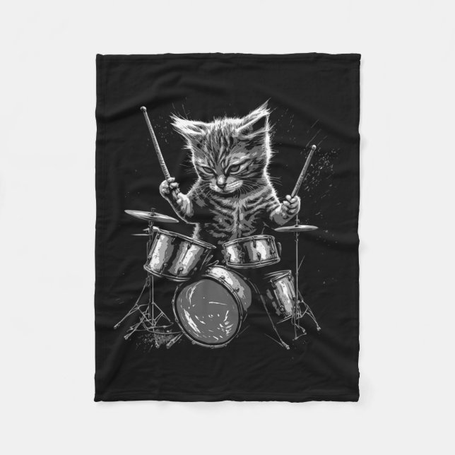 Kitten Rock Band Drummer Cat Playing Drums  Fleece Blanket (Front)