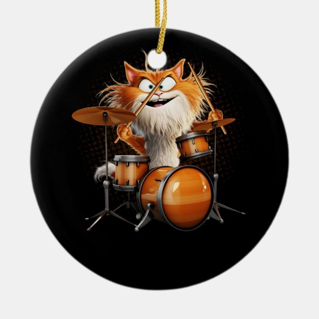 Kitten Rock Band Funny Kitty Drummer Cat Playing D Ceramic Ornament (Front)