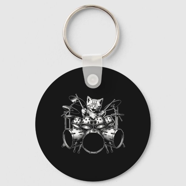 Kitten Rock Band Funny Kitty Drummer Cat Playing D Keychain (Front)
