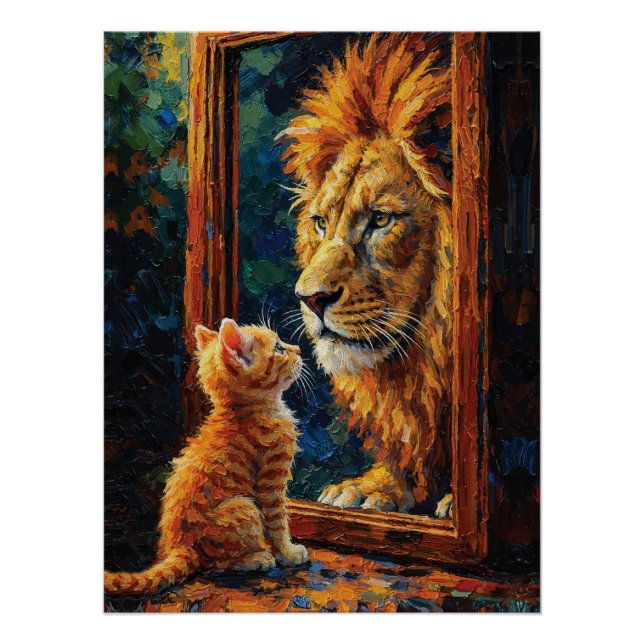 Kitten Seeing Lion Reflection Motivational Impasto Poster (Front)