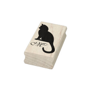 Kitten Silhouette & Monogram - Rubber Stamp
