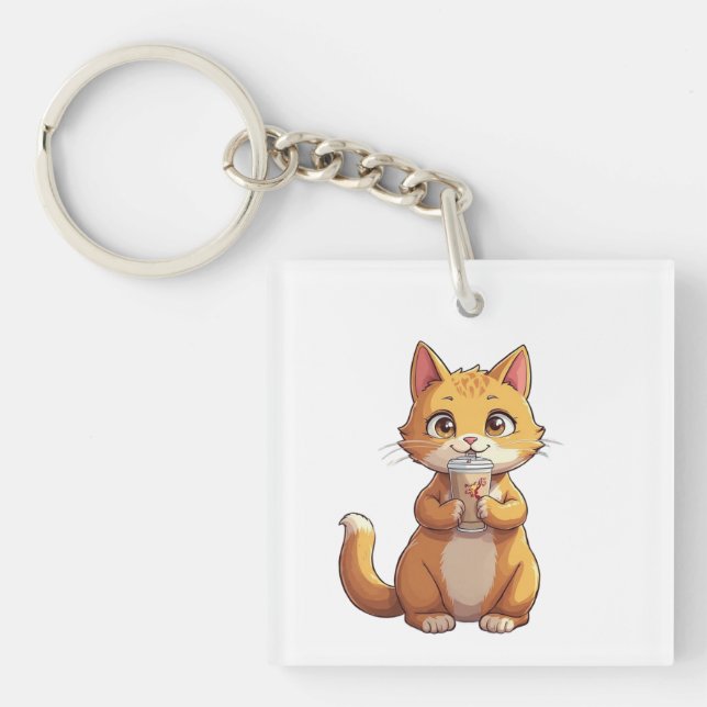 Kitten Sipping Coffee Keychain (Front)