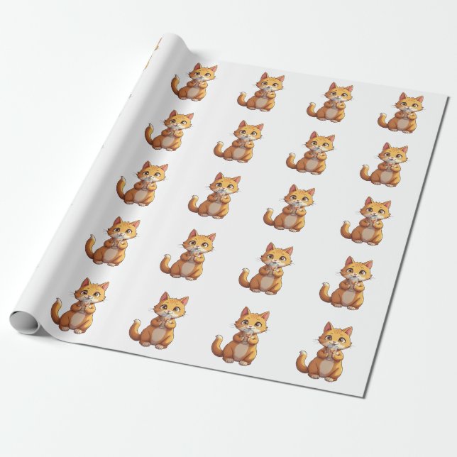 Kitten Sipping Coffee Wrapping Paper (Unrolled)
