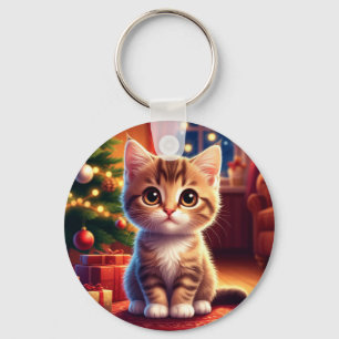 Kitten Sitting Beside Glowing Christmas Tree Keychain