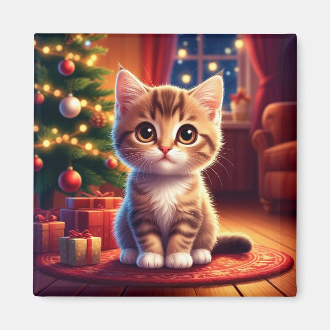 Kitten Sitting Beside Glowing Christmas Tree Magnet (Front)