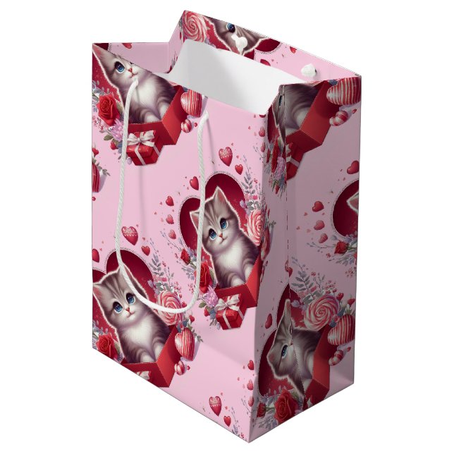 Kitten Sitting in Box With Flowers and Gifts  Medium Gift Bag (Front Angled)
