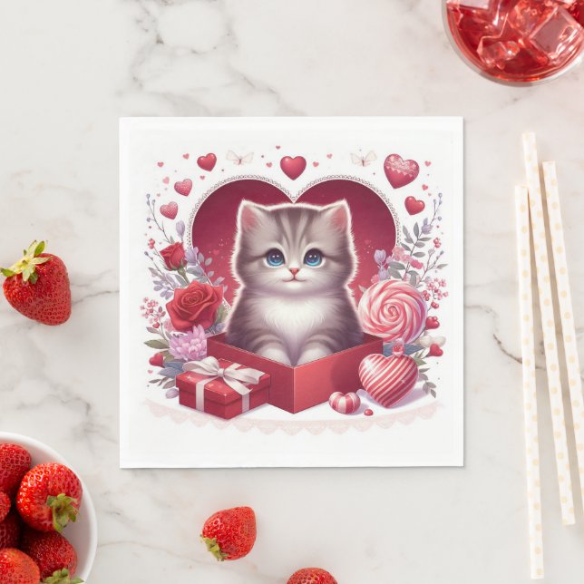Kitten Sitting in Box With Flowers and Gifts Napkin (Insitu)
