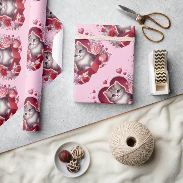 Kitten Sitting in Box With Flowers and Gifts  Wrapping Paper (Crafts)