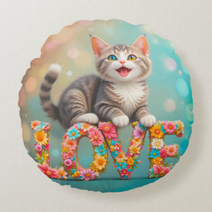 Kitten Sitting on Colourful Flowered LOVE Letters Round Pillow