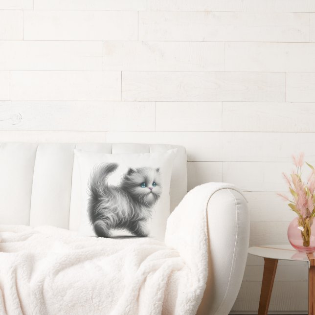 Kitten Sketch On White Throw Pillow (Couch)