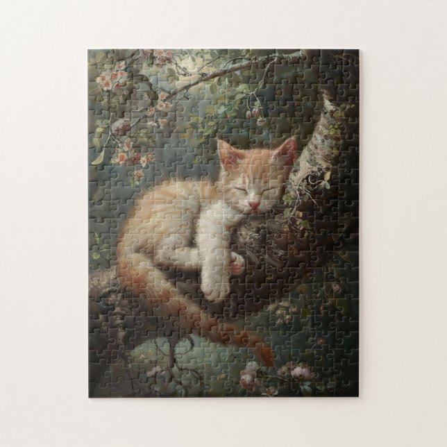 Kitten Sleeping in a Tree Vintage Jigsaw Puzzle (Vertical)