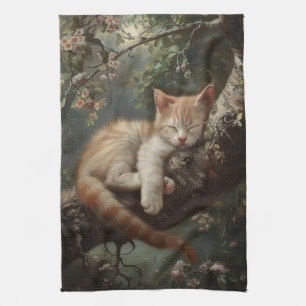 Kitten Sleeping in a Tree Vintage Kitchen Towel